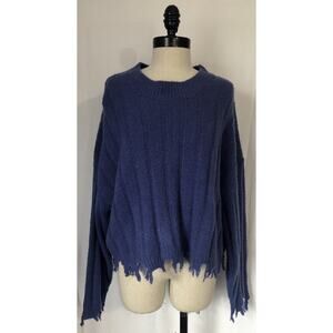 Double Zero Blue Acrylic Stretch Frayed Hem Pullover Sweater Womens Large